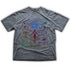 Gray t-shirt with a colorful graphic design on a white background